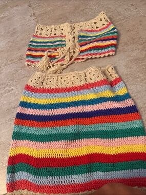 Crochet Rainbow Stripe Skirt Set - Cream Multicolor